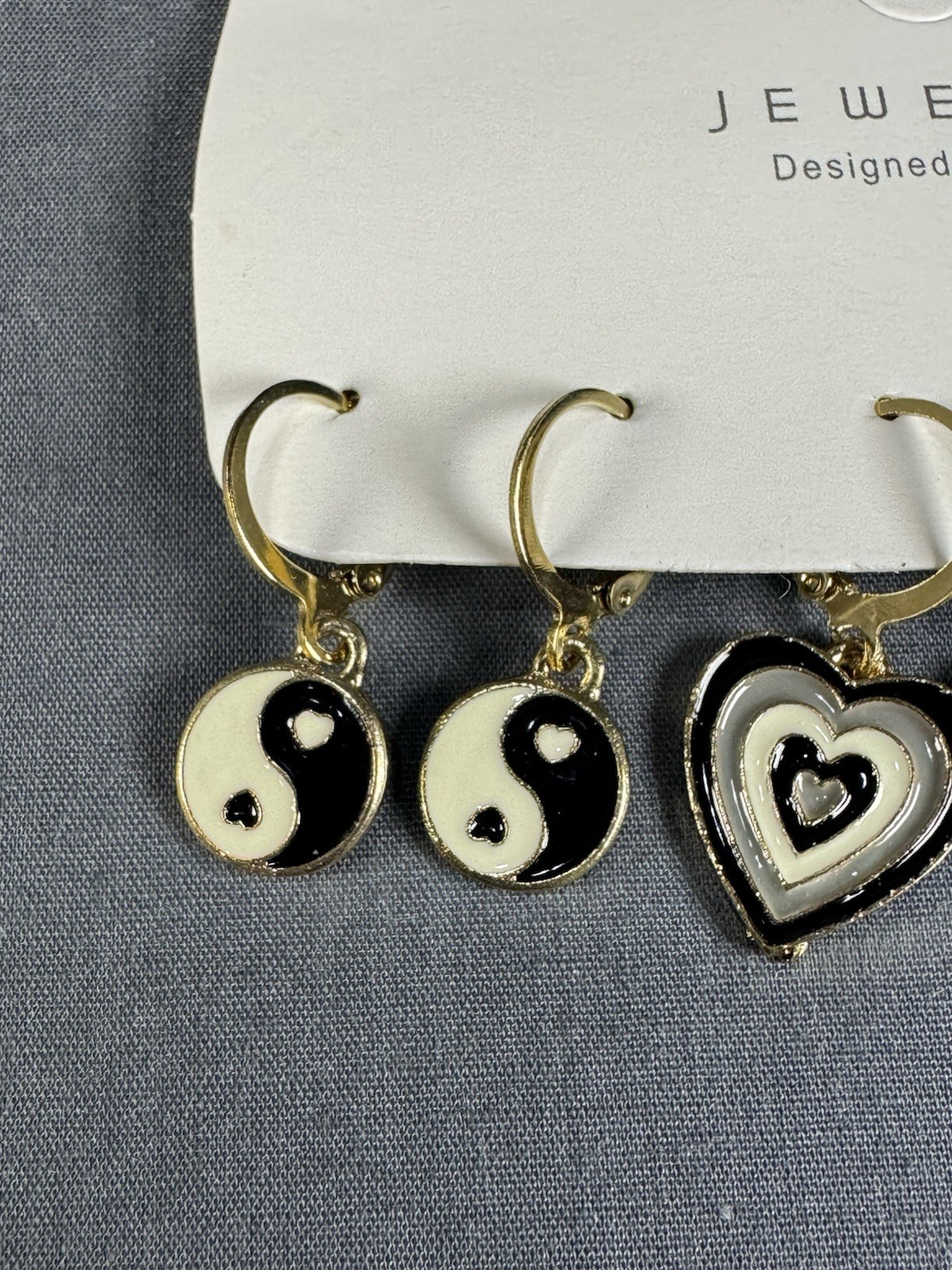 New 3 Pair Black White Yin Yang Checkerboard Huggie Hoop Earrings Gold Tone