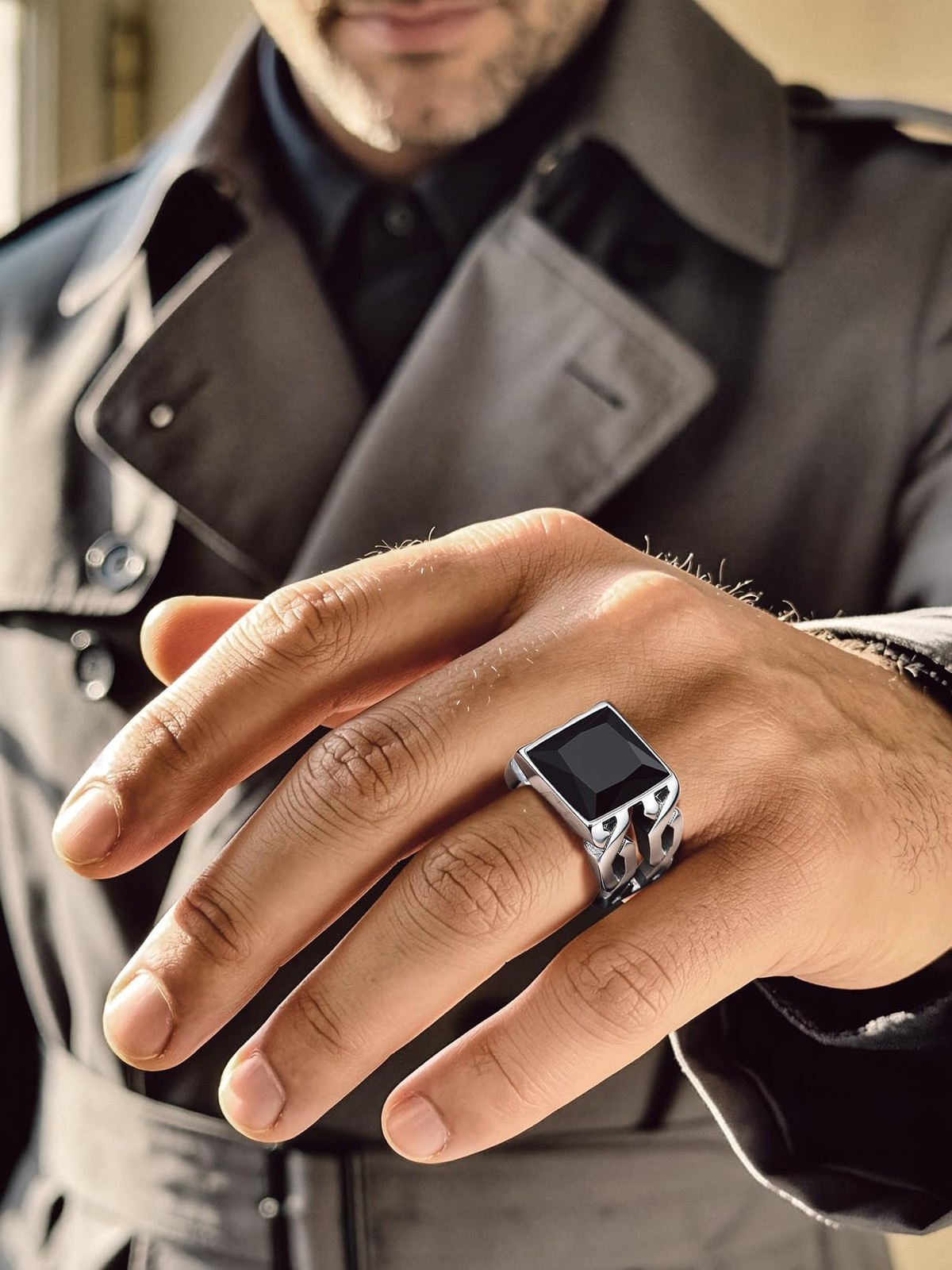 Gemstone Signet Rings for Men, Stainless Steel Fancy Cut Cubic Zirconia Rings…