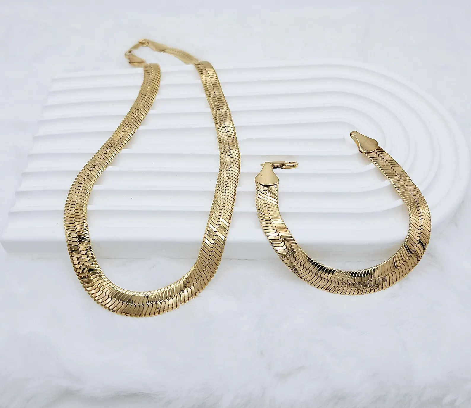Gold 9mm Herringbone Necklace & Bracelet Set, 14k Heavy Plated