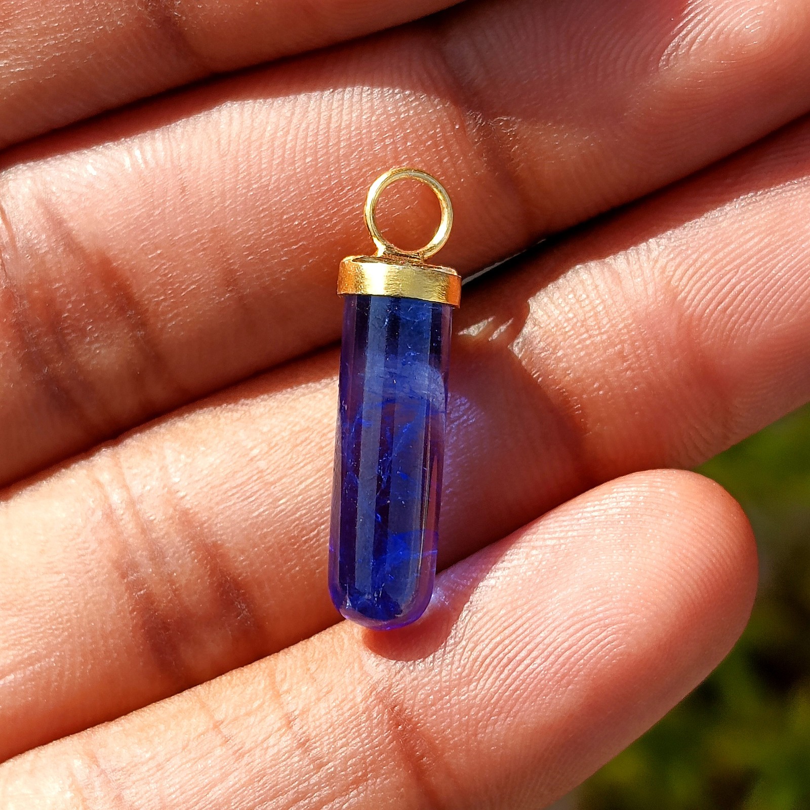 Natural Pencil Blue Sapphire Gold Charm, 18k Solid Gold Handmade Charm Pendant