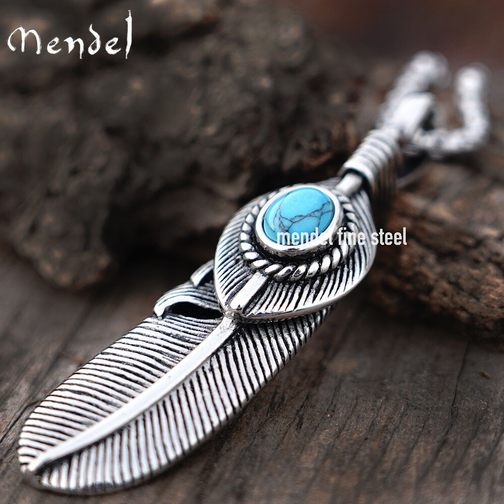 MENDEL Mens Native American Feather Turquoise Pendant Necklace Men Women Silver