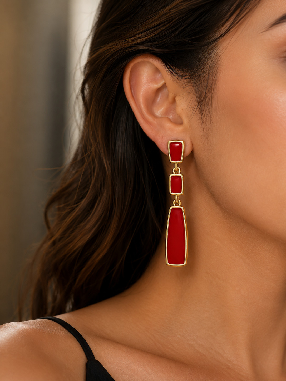 Retro Minimalist Gold-Tone Three-Tier Red Enamel Geometric Dangle Earrings