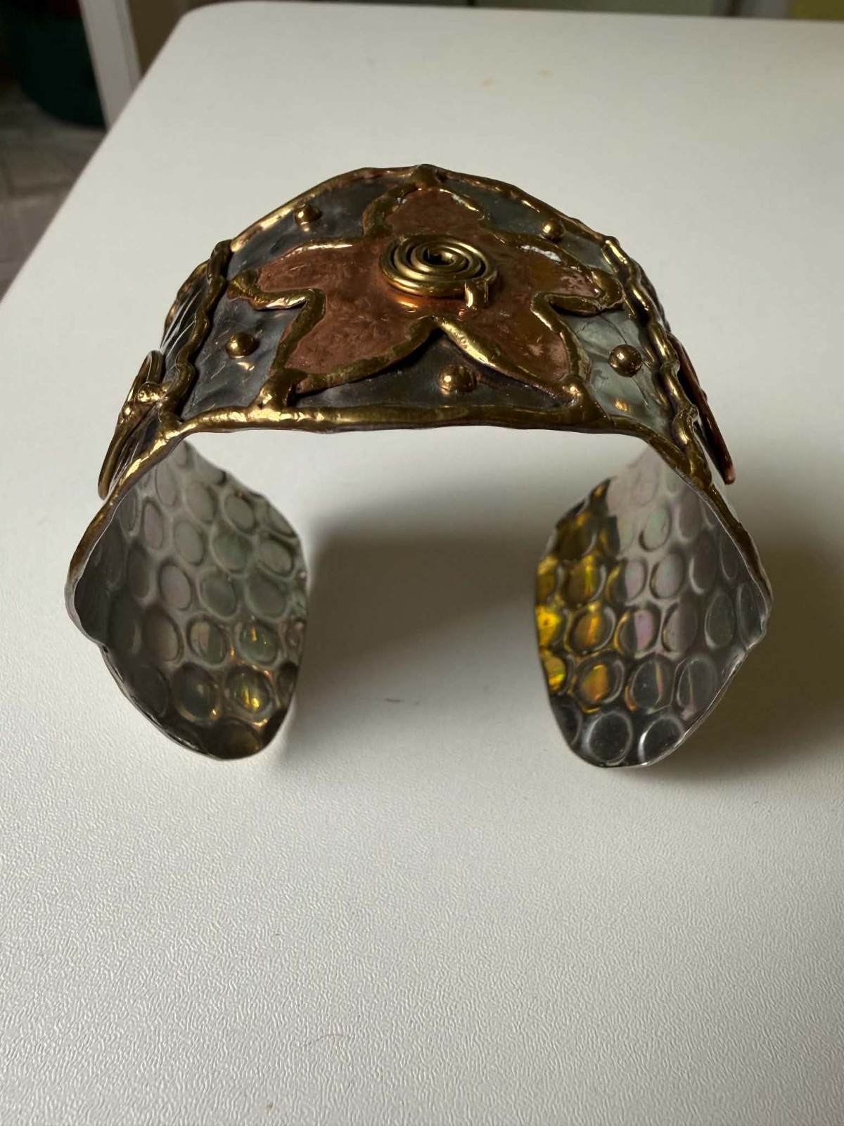 Handmade Mixed Metal Artisan Cuff Bracelet Copper Brass Silver Tone Boho Wide