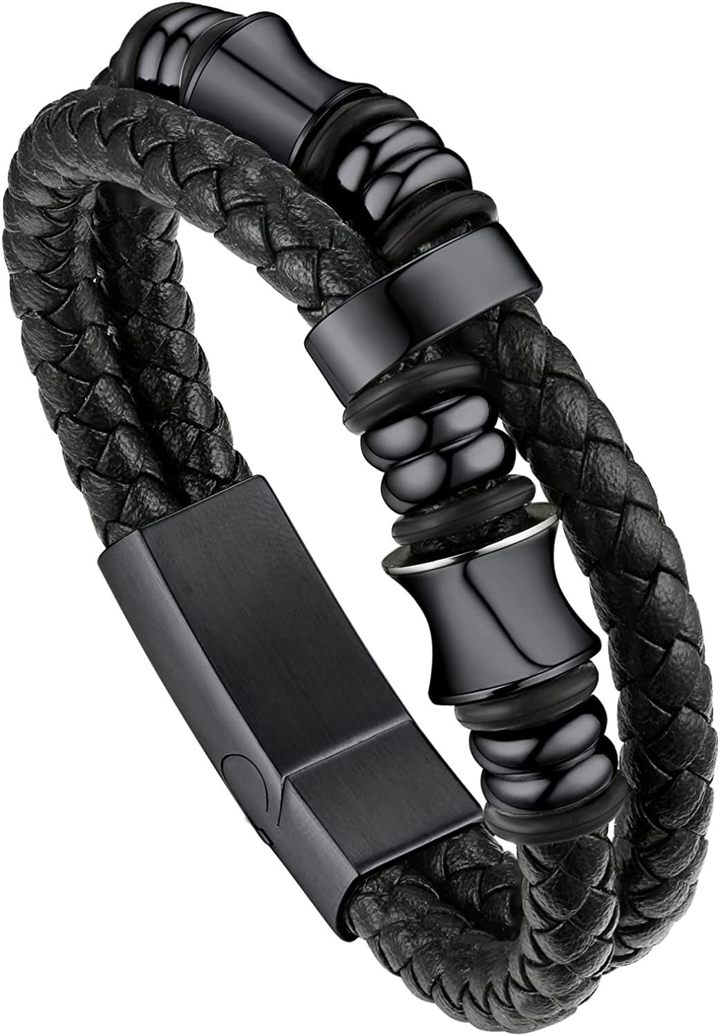 mens Leather Bracelet Double Row Magnetic Closure Adjustable Wristband