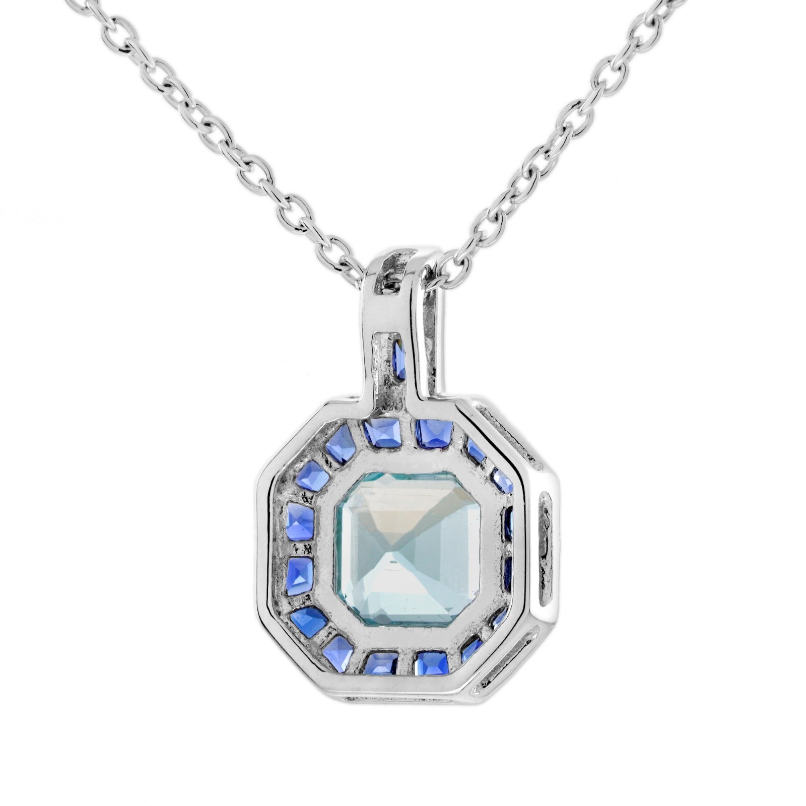 14K White Gold Aquamarine Blue Sapphire Jewelry Set Necklace Stud Earrings