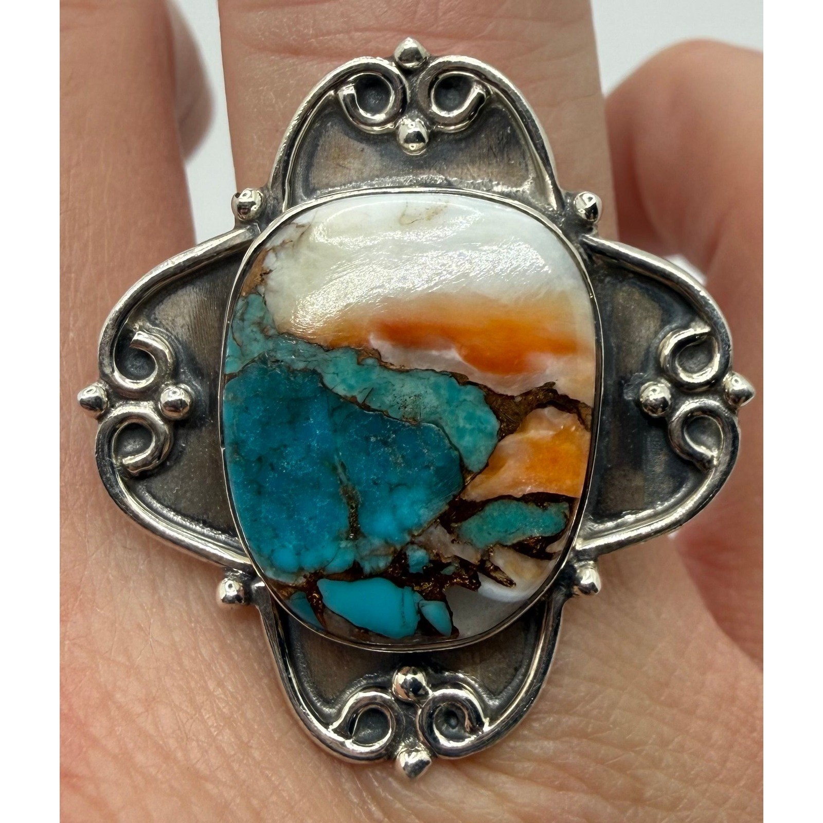 VTG Southwest Style stamped 925 Sterling Silver Statement Ring Blue Orange Stone