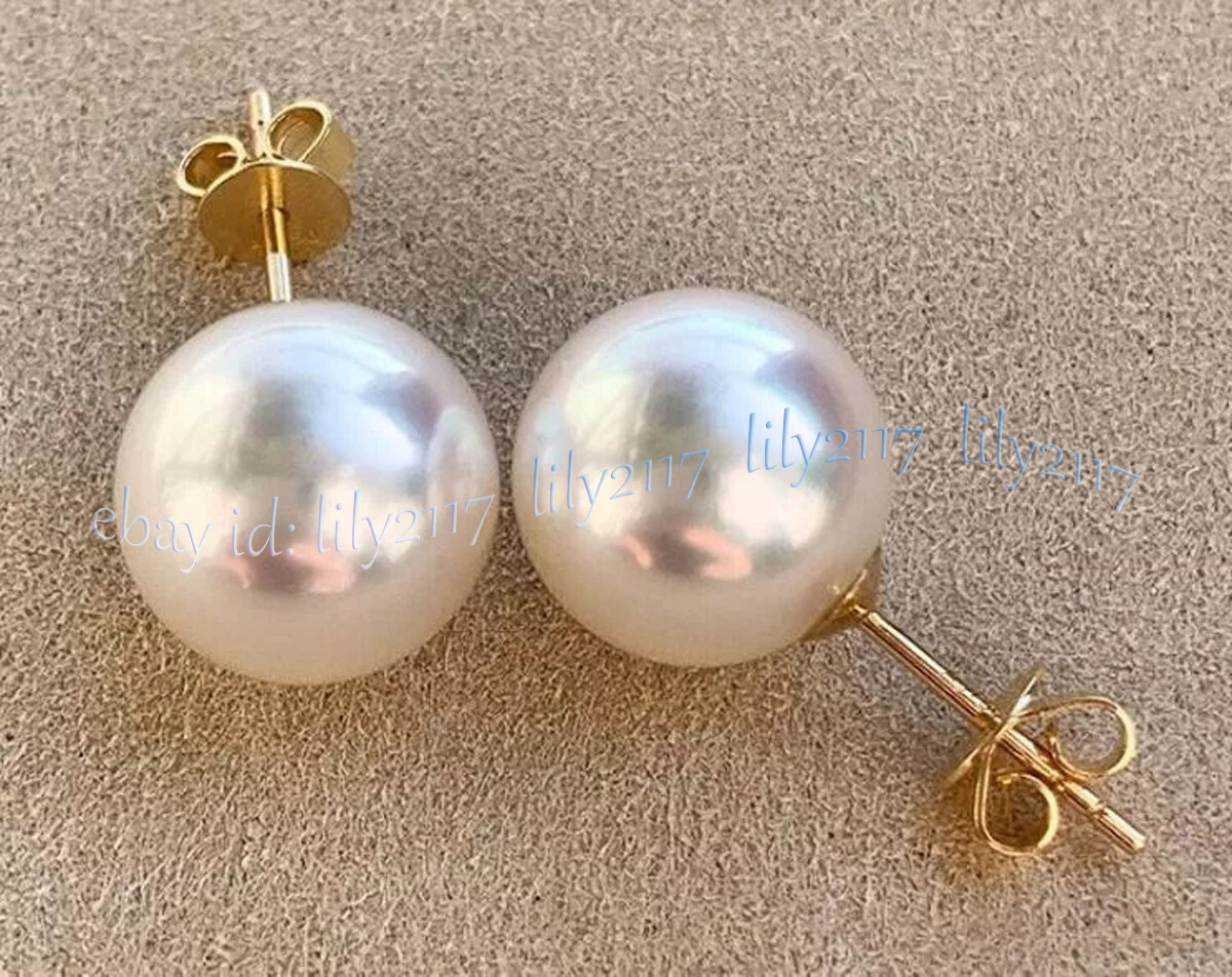 Gorgeous Huge 12-13mm South Sea White Round Pearl Stud Earrings 14k Yellow Gold