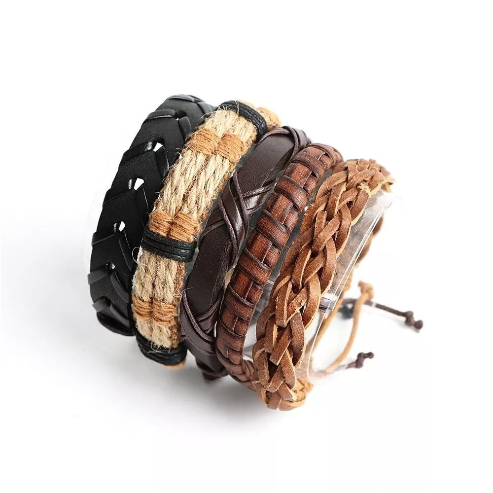 20pcs Braided Leather Bracelets, Wrap Cuff with Wood Beads Hemp for Men & Women