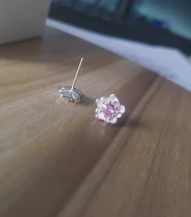 Silver Plated Alloy with White Enamel Pink CZ Center Cherry Blossom Stud Earring