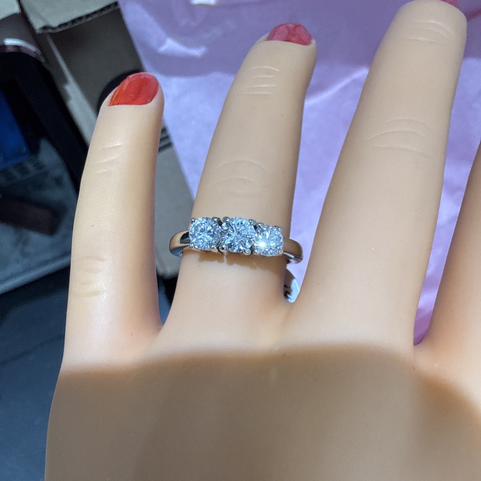 Bankruptcy Sale 80%Off 3 Stone Natural Large Quality Diamond 14K White Gold Ring