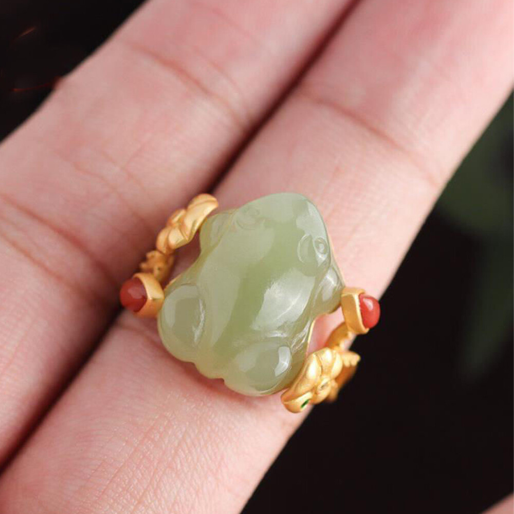 Green Jade Frog Rings Natural 925 Silver Women Adjustable Ring Jewelry Carved