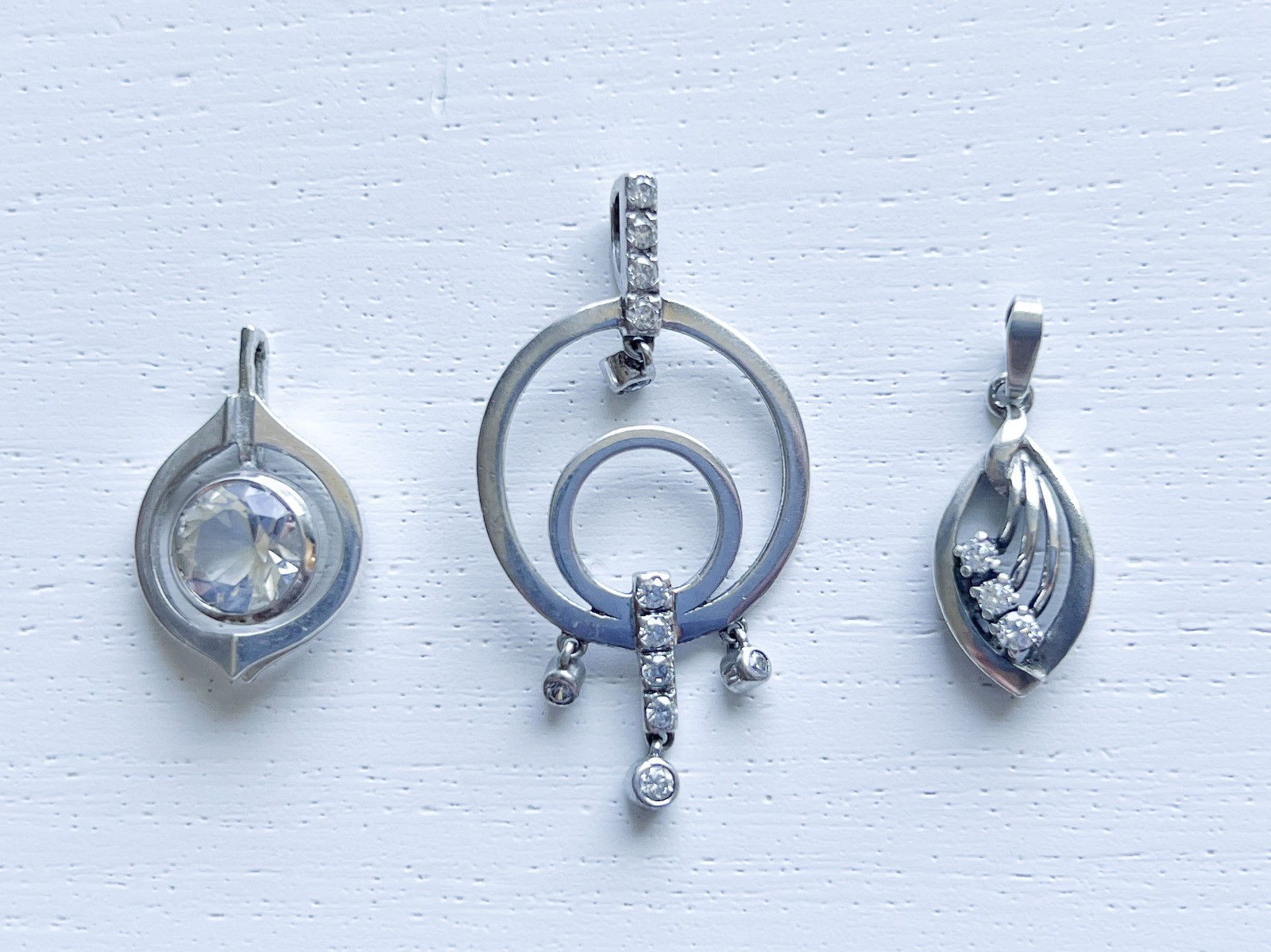 Lot of 3 925/835 Silver Clear Stone Pendants Modern Geometric Abstract