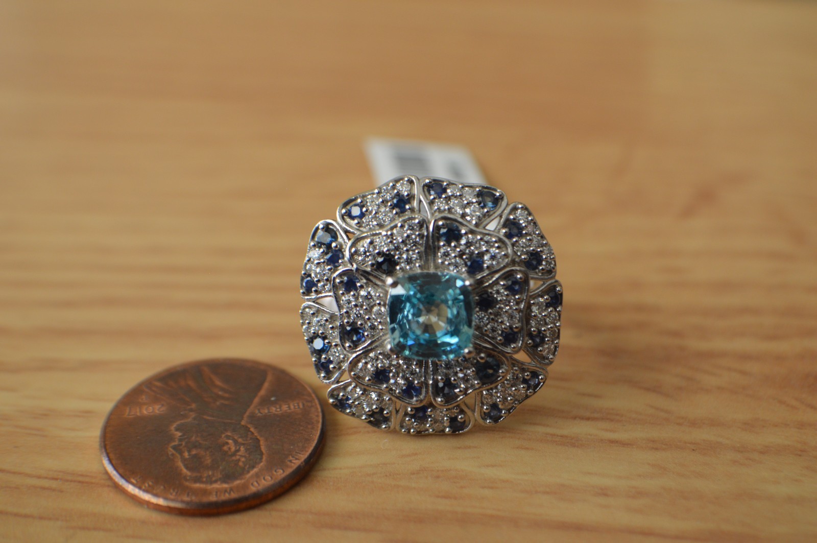 4.10ct Cambodian Blue Zircon /Multigem Ring Rhodium Plated over Fine Silver Sz 9