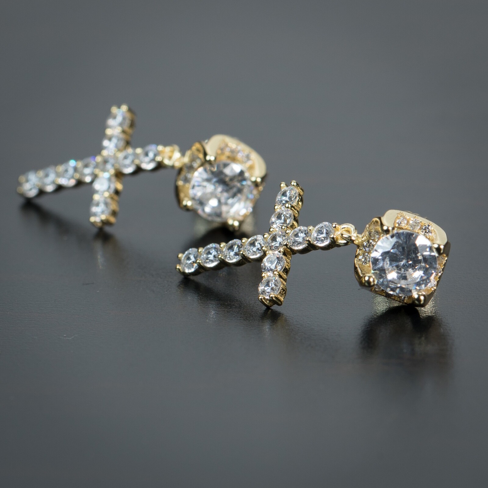 Iced 14k Yellow Gold Plated Small Cz Cross Dangle Drop Stud Earrings For Men