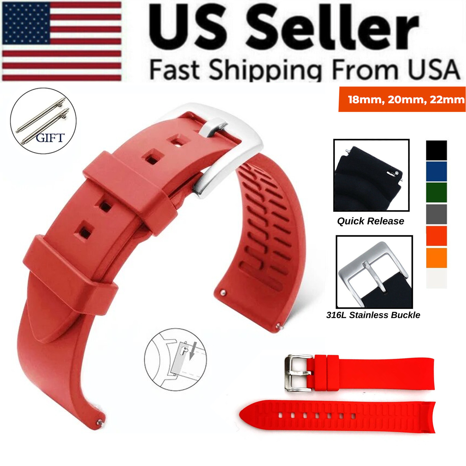 18mm 20mm 22mm Soft Silicone Watch Band Divers Replacement Strap Quick Release
