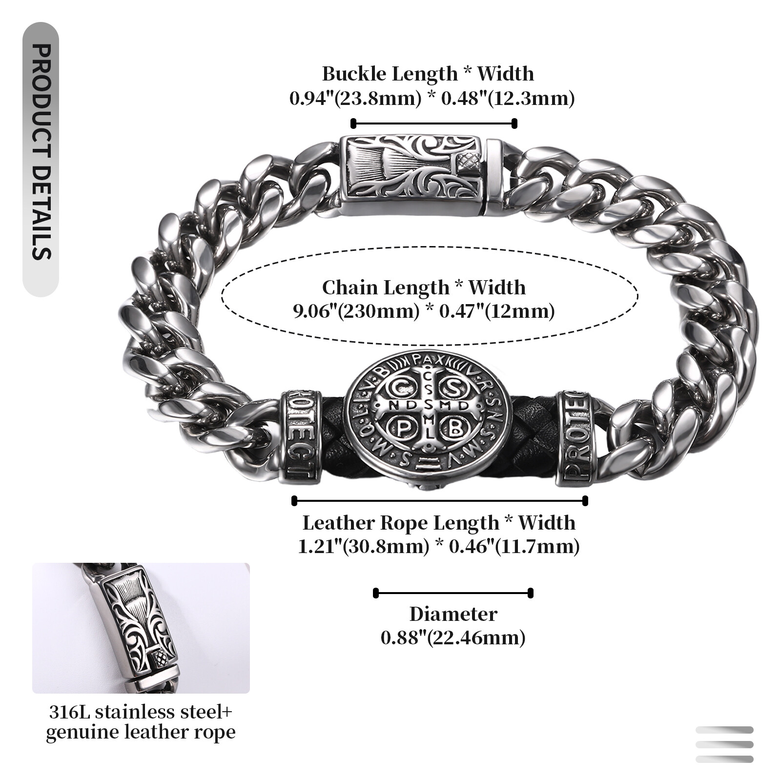 Men’s Catholic St Benedict Medal Bracelet Stainless Steel Heavy Cuban Link Chain