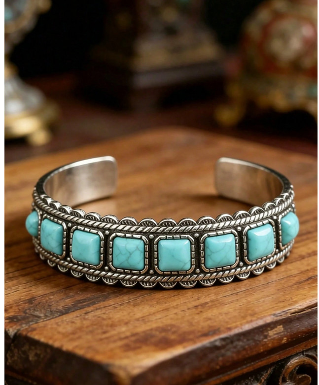 Turquoise square oval stone cuff bracelet