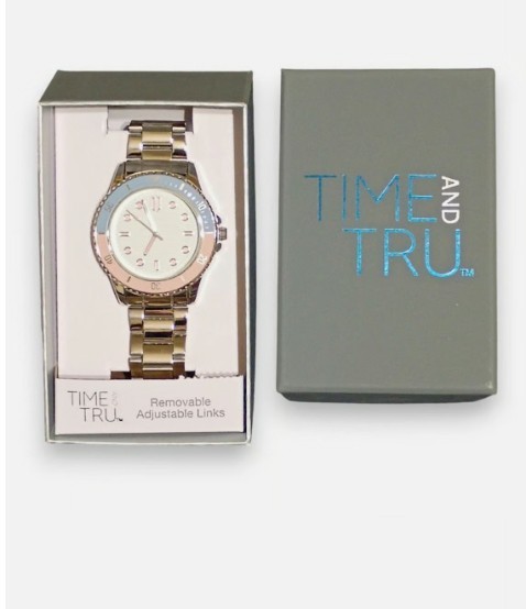 Time and Tru Womens Watch Silver Tone Adjustable Links Pink Blue Bezel New Boxed