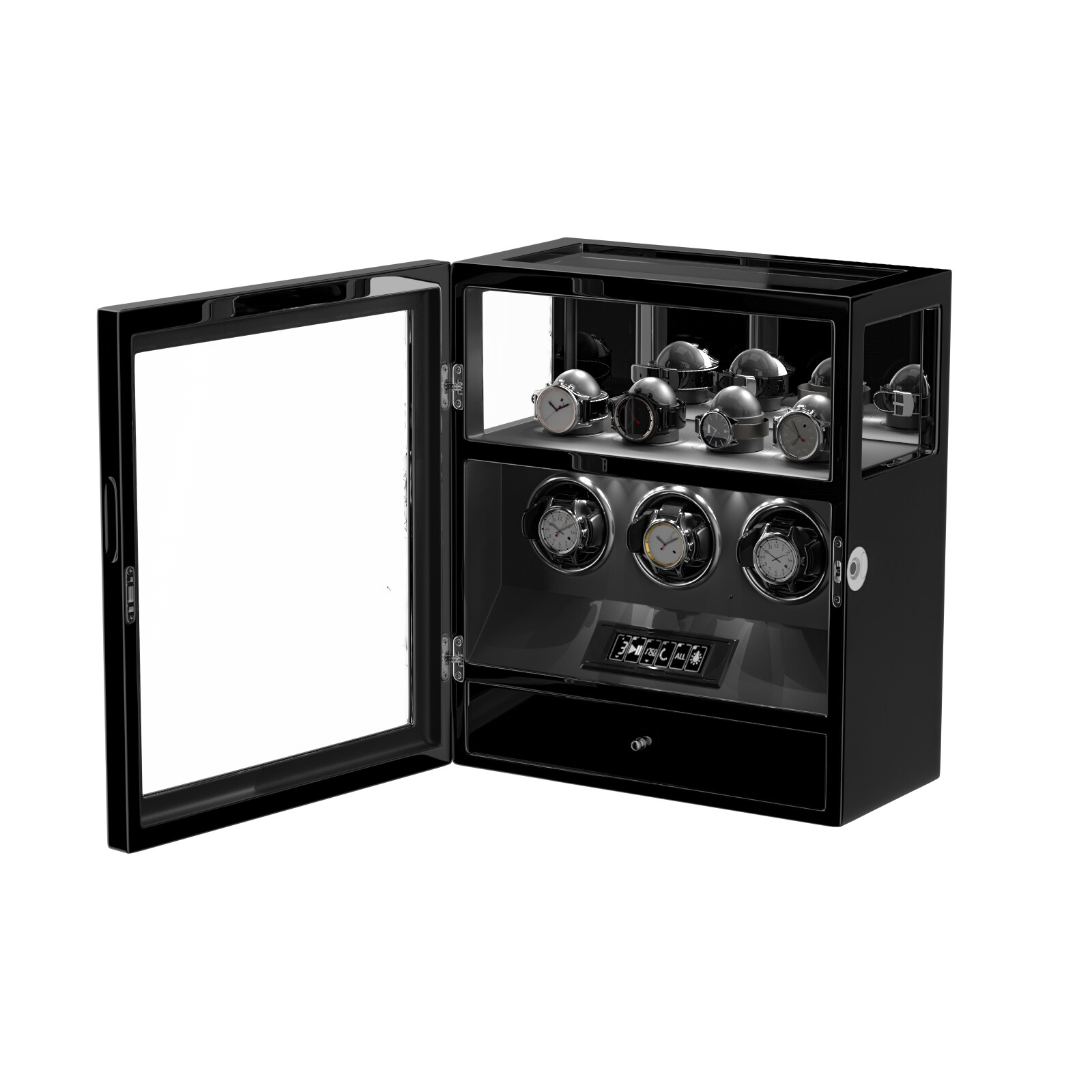 Fingerprint Lock 3 Watch Winder W/ Extra Watches Storage LCD Remote Control LED