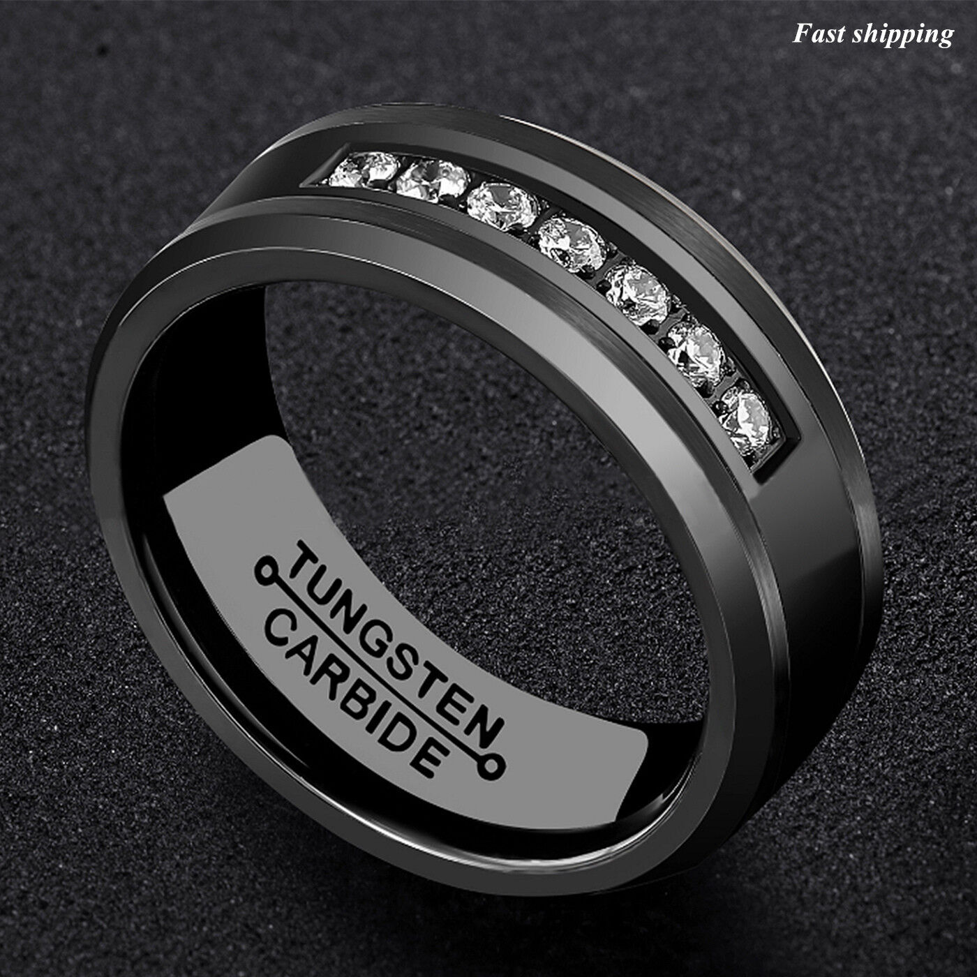 8mm Black/Silver Tungsten Carbide Ring Inlay Comfort Fit ATOP MEN Wedding Band