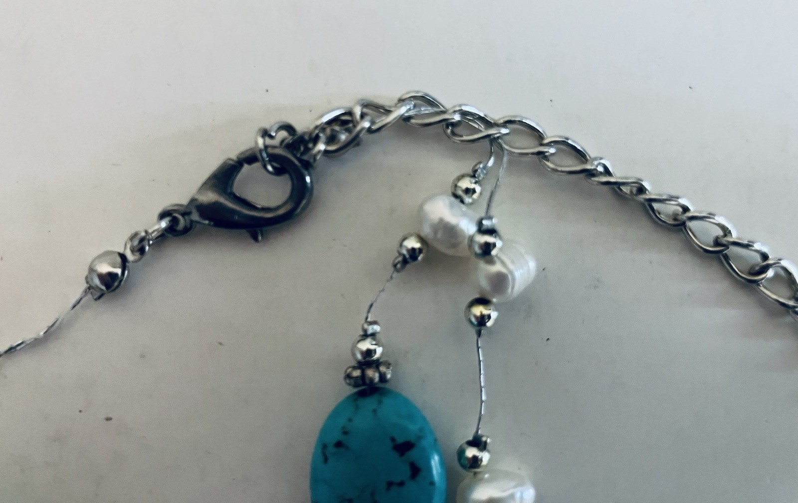 Turquiose Color Faux Pearl and Silver Two Strand Necklace and Earring Set New