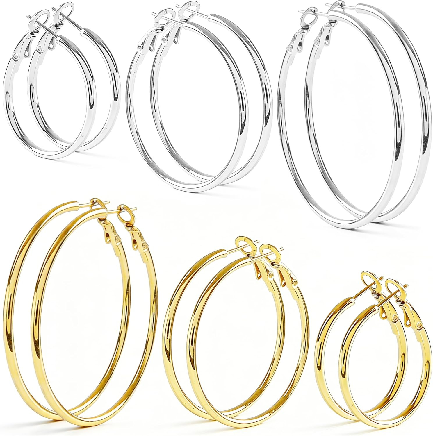 6 Pairs Silver Gold Hoop Earrings for Women – 14K Gold Plated 316 Stainless Stee