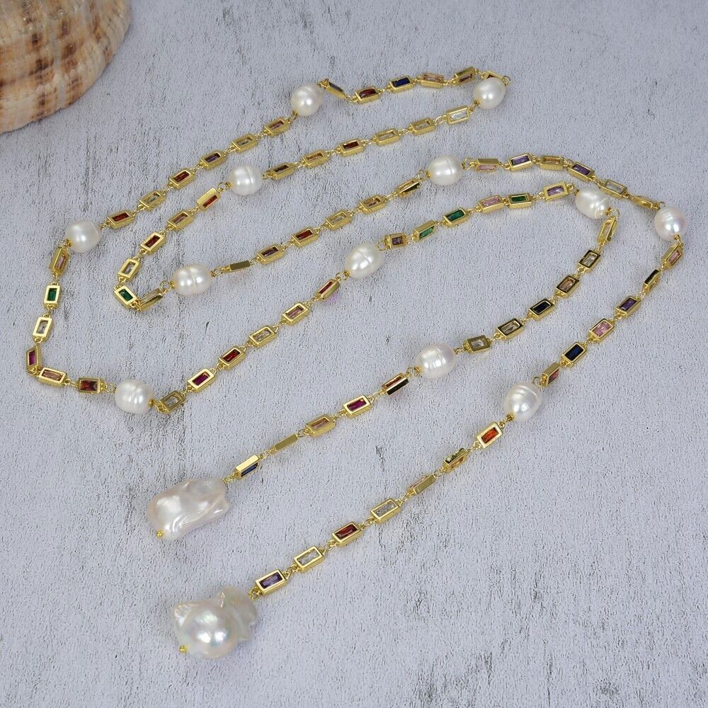 Cultured White Keshi Pearl Mixed Color Cz Pave Long Gold Plated Chain Necklace