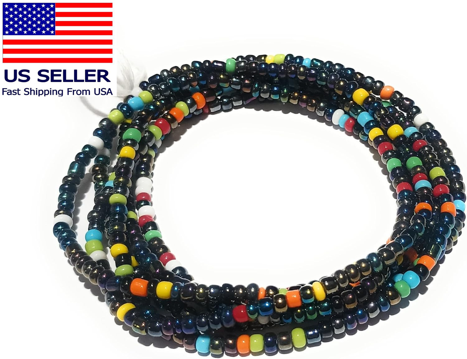 African Waist Beads, Multicolor Seed Beads, 44-Inch Traditional Tie-On Belly Bea