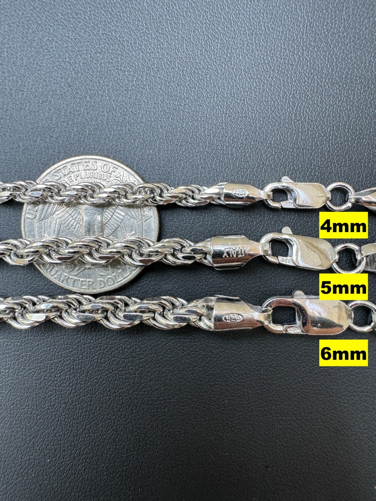 Real Solid 925 Silver W. Rhodium Finish Rope Chain 1.5-6mm Necklace Mens Ladies