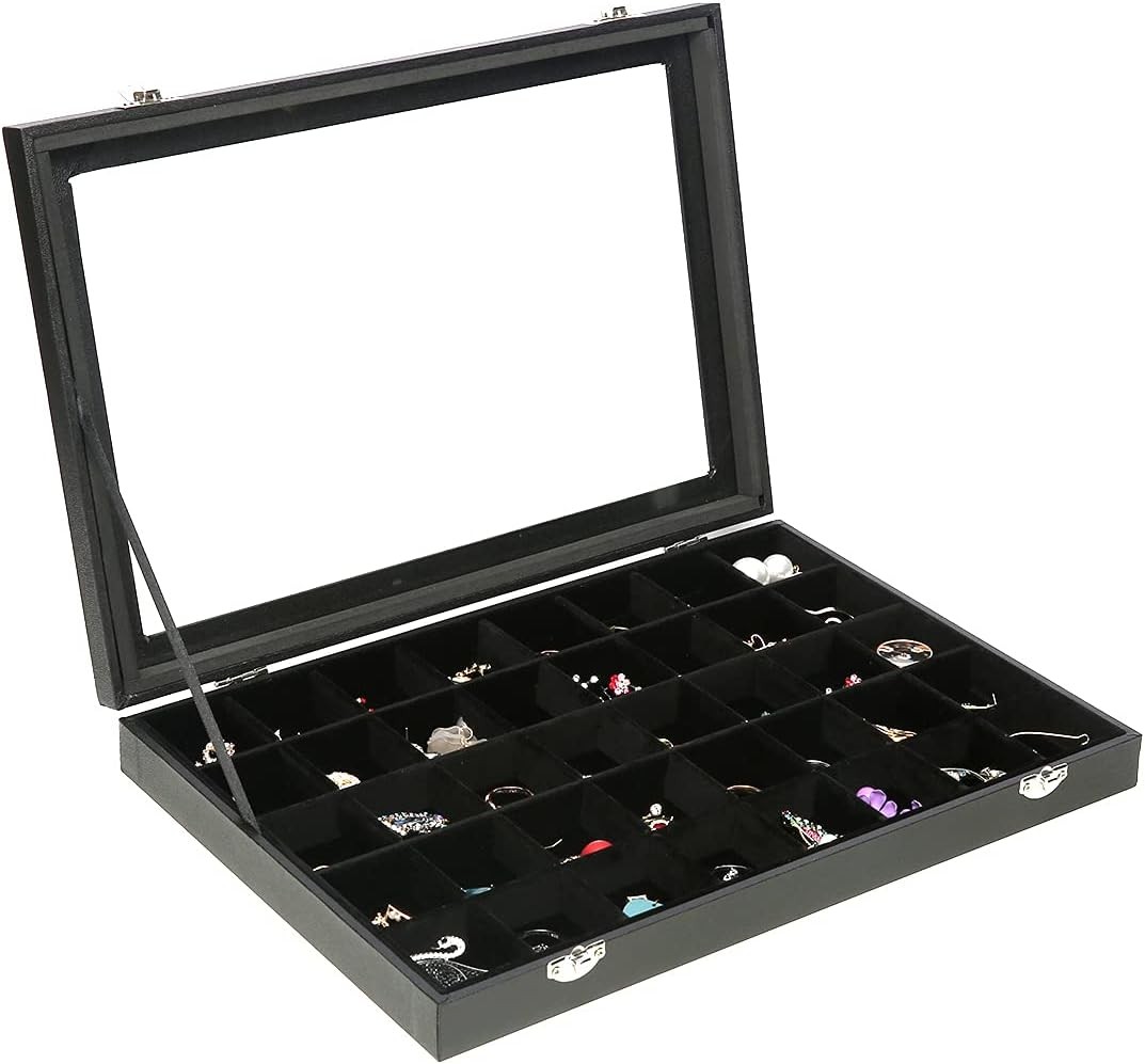 Black Velvet 40 Grid Earring Organizer Display Box with Transparent Lid Earring