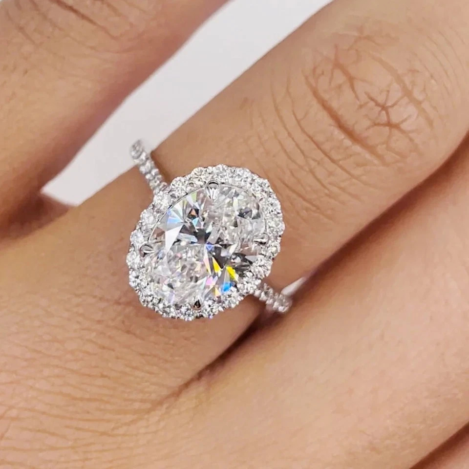 5 TCW Oval Cut Moissanite Halo Engagement Ring 14K White Gold Plated