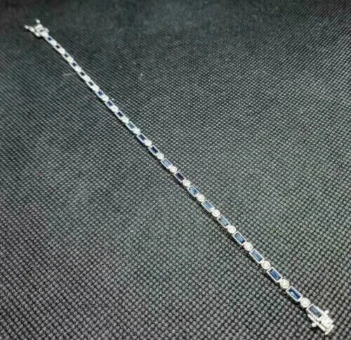 Lab Created Blue Sapphire & Round Diamond Tennis Bracelet 14K White Gold Plated