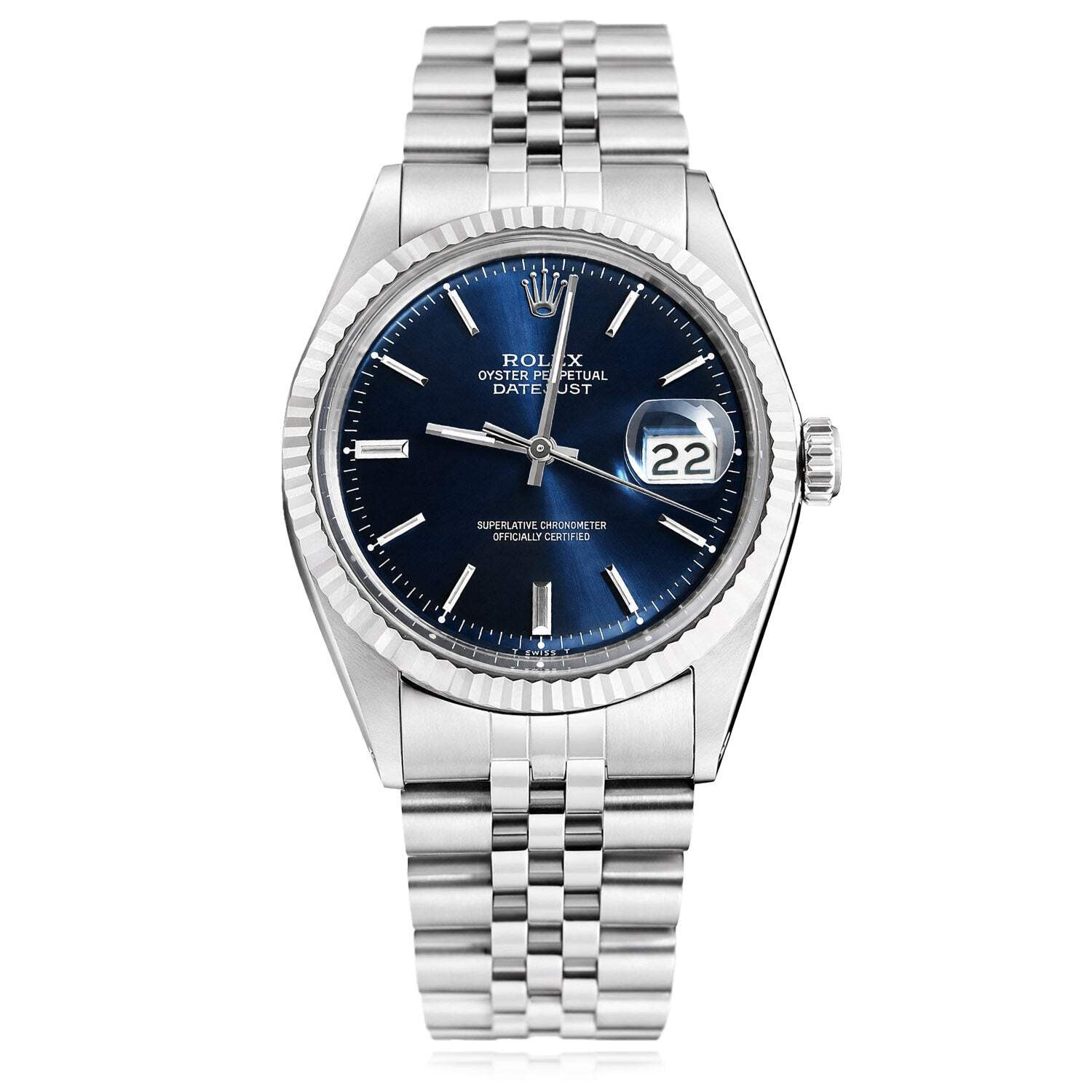 36mm Rolex Datejust 1601 18K White Gold Bezel Dark Blue Dial Jubilee Men’s Watch