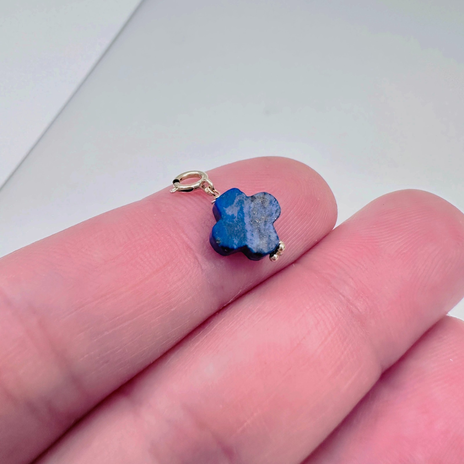 14K Solid Yellow Gold Lapis Lazuli Clover Small Charm Pendant w/Spring Clasp