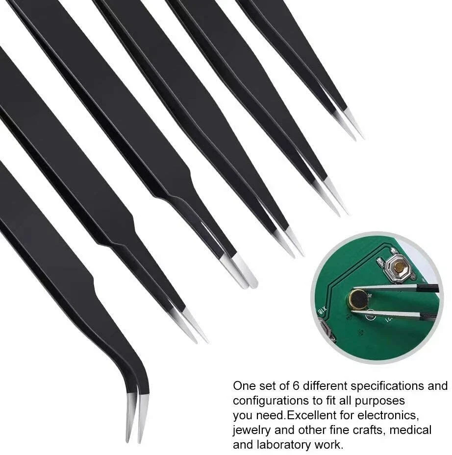 6Pcs ESD Anti-static Tweezers Set Maintenance Repair Stainless Steel Tools Kit