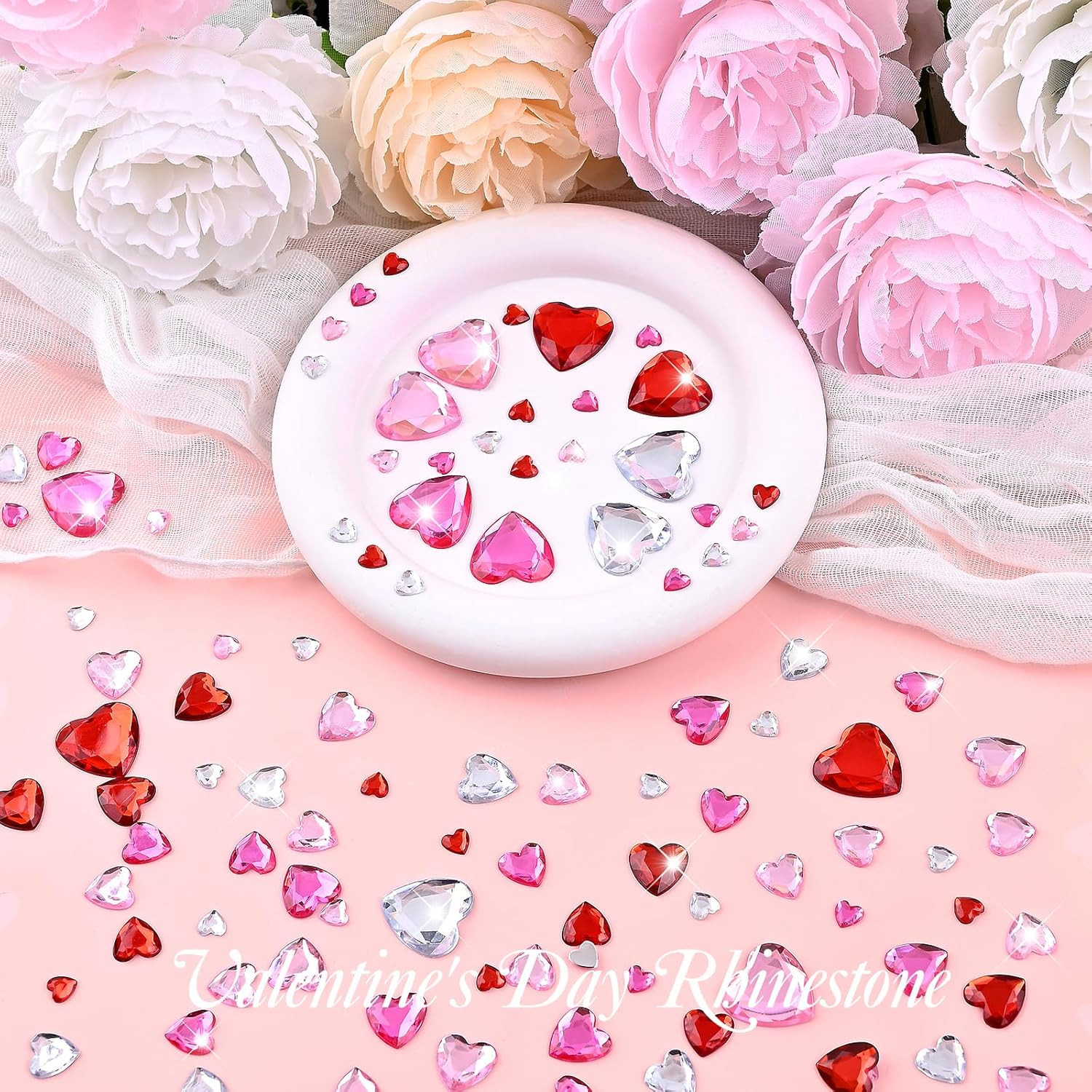 600 Pcs Acrylic Heart Rhinestone 6-18 Mm Valentines Heart Gems Multi Color Flat