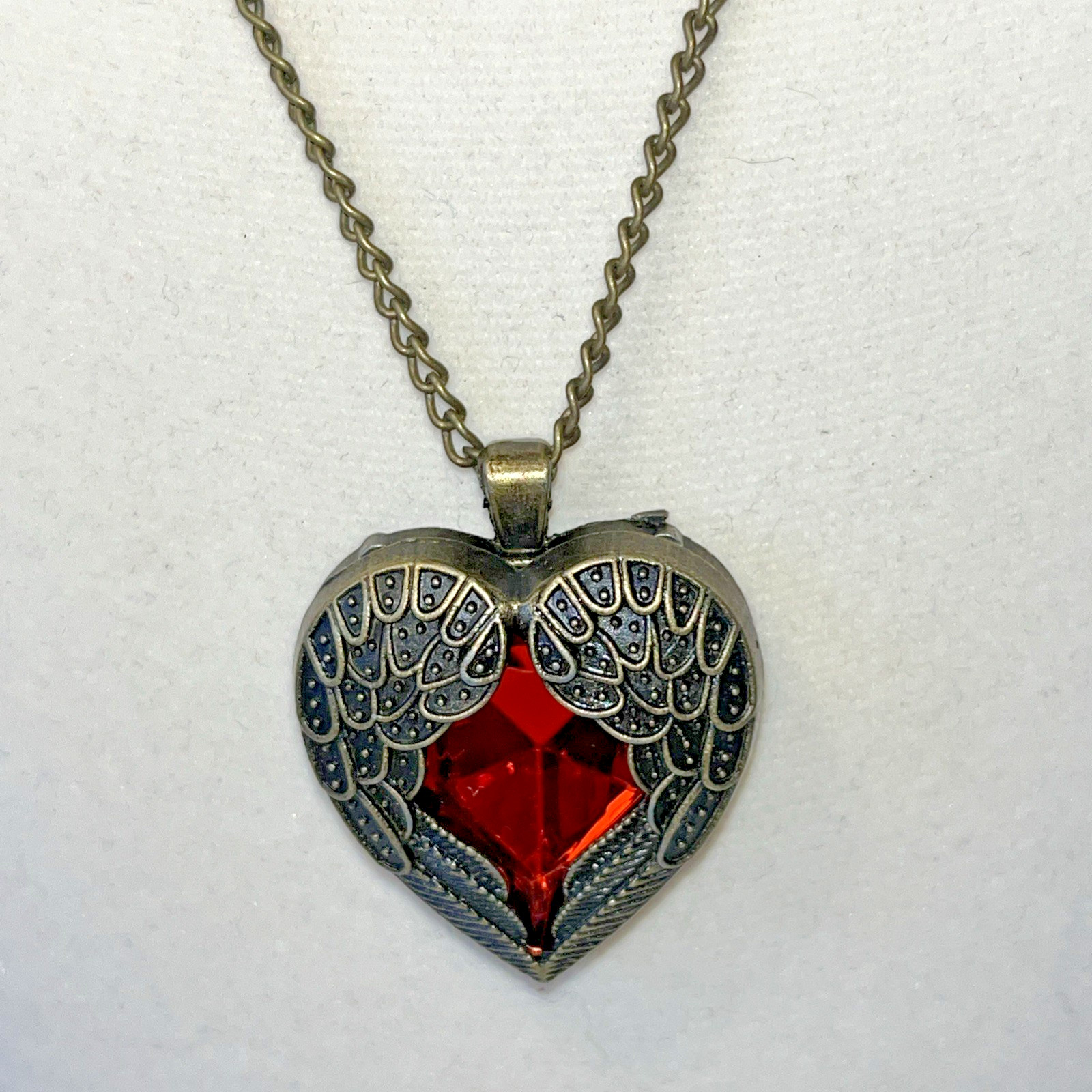 Antiqued Brass Metal Winged Pendant With Red Heart Foil Backed Crystal Necklace