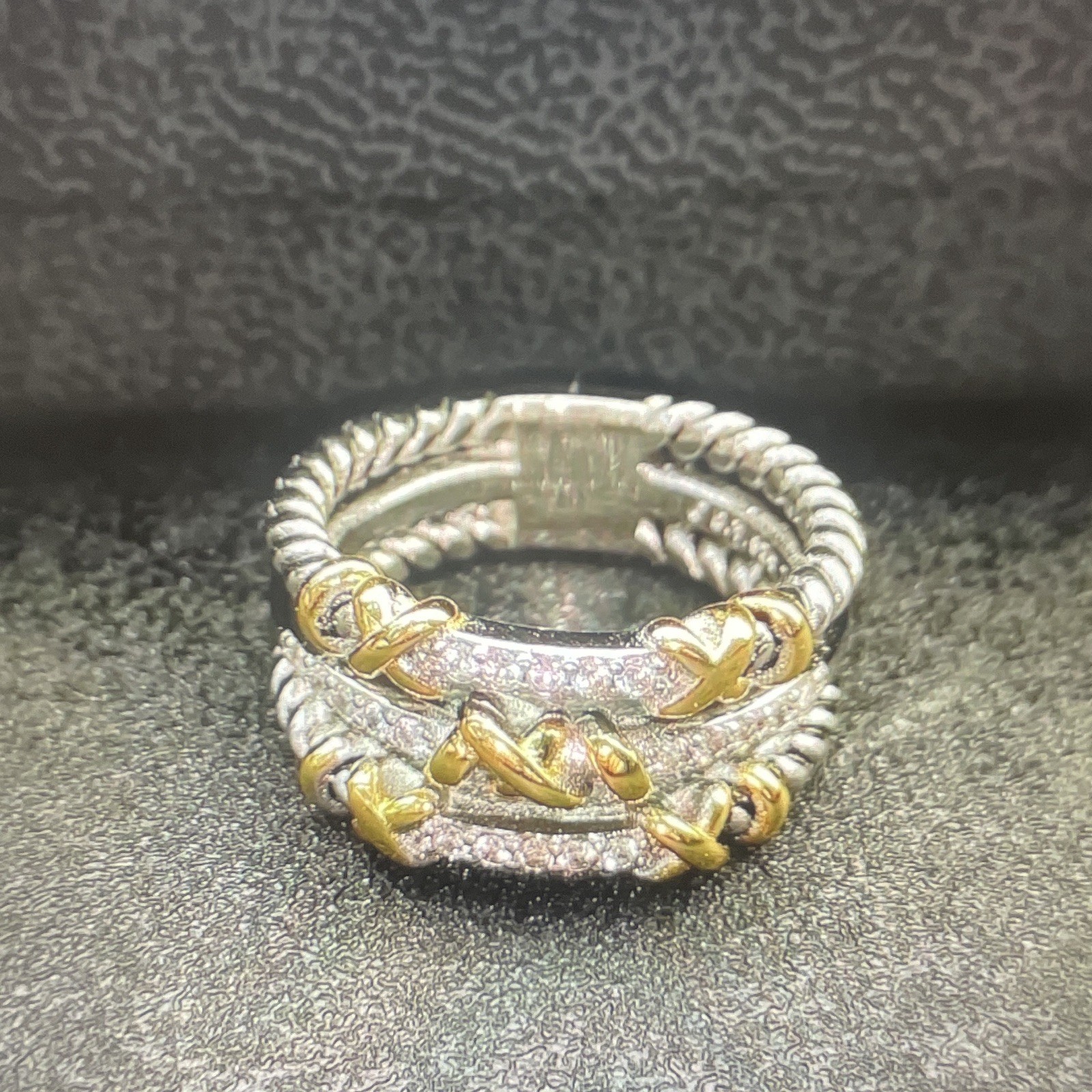 David Yurman Twisted Wrap Band 925 Silver 18K Gold Three Row Pave Diamond Ring 8
