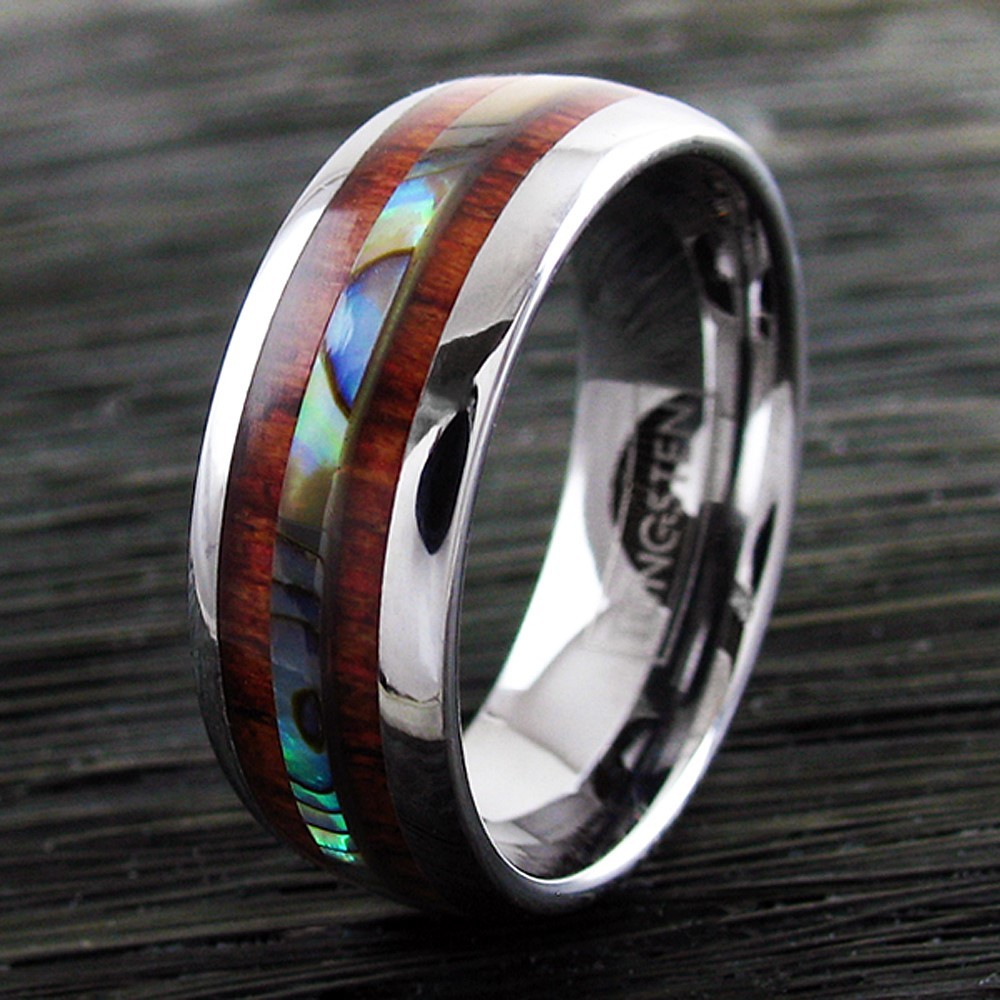 6/8mm Tungsten Men’s Hawaiian Koa Wood & Abalone Wedding Band Ring-Engraving TW