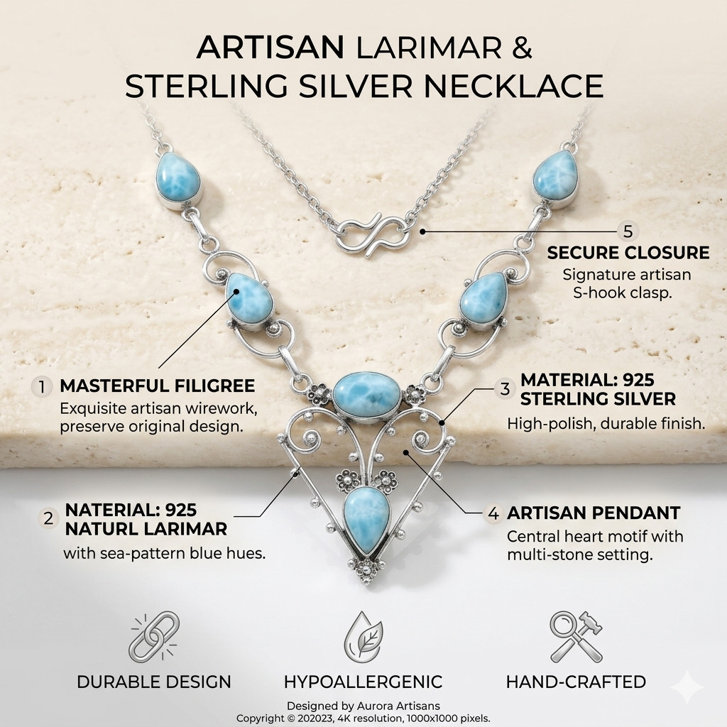 Beautiful Larimar Necklace 925 Sterling Silver Handmade Gemstone Jewelry S-18 in
