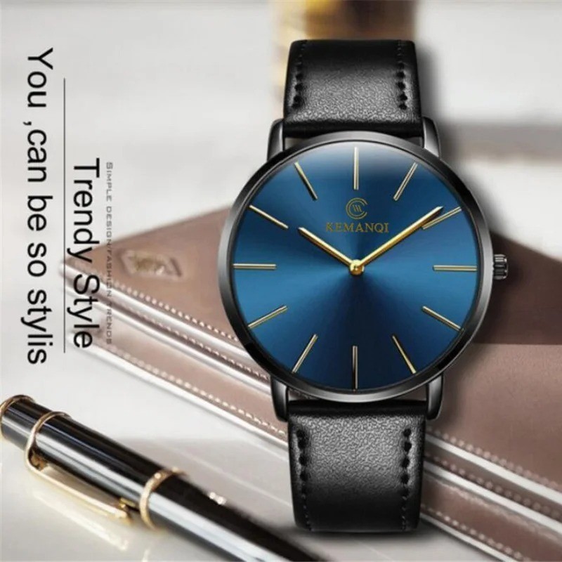 Men Trendy Ultra Thin Minimalist Watch Slim Leather Strap Stainless Steel Quartz