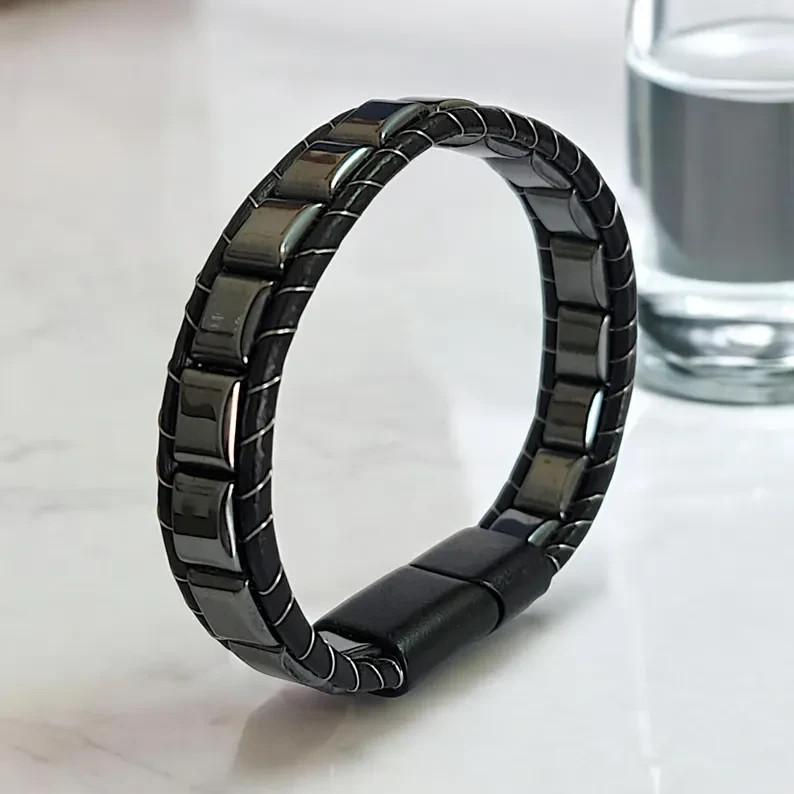 Natural Hematite Bracelet Mens Black Leather Braid Magnetic Healing Jewelry 8″