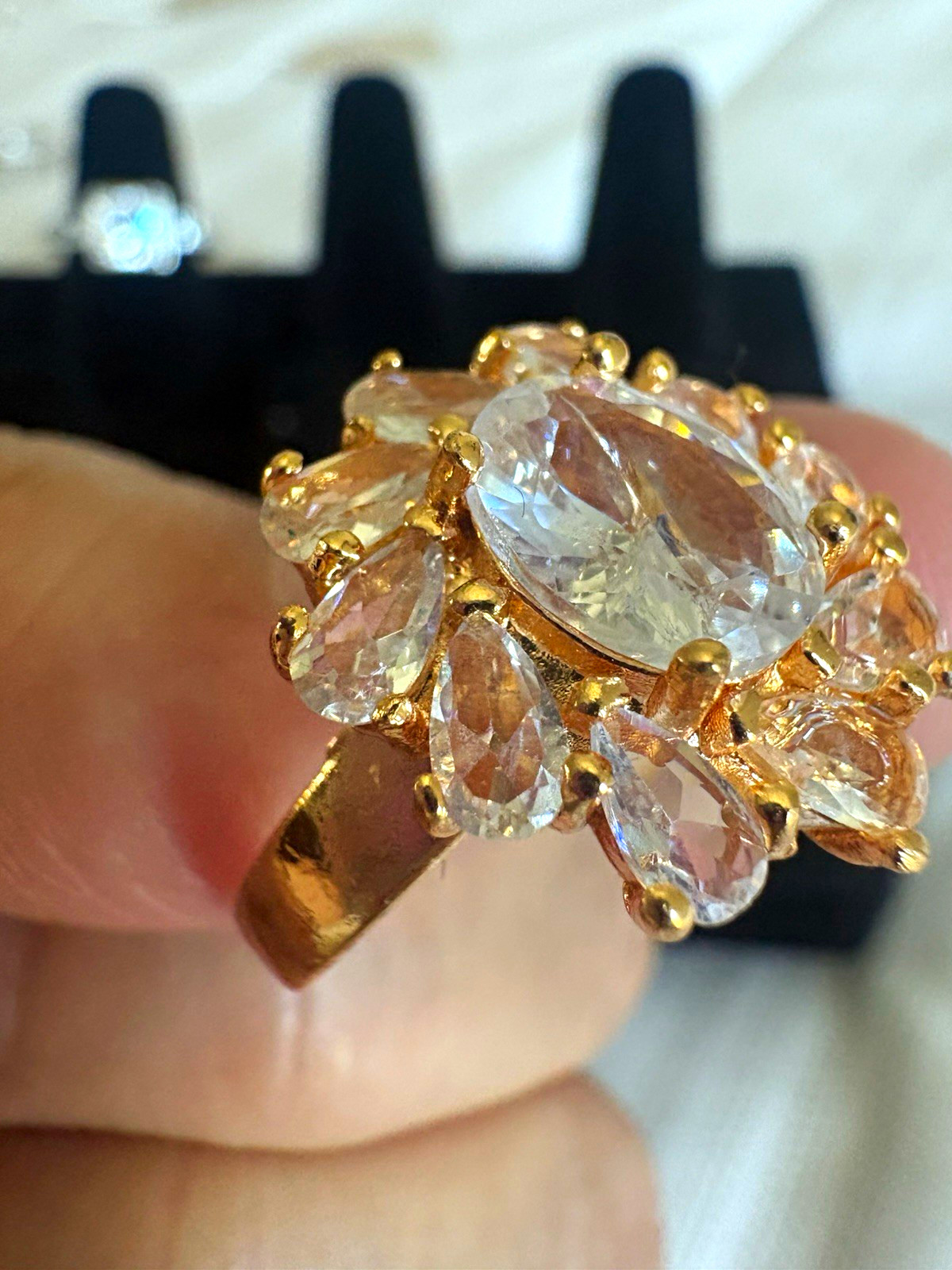 GoldTone Clear Crystal Cluster Flower Cocktail Ring Size 7 Adjustable