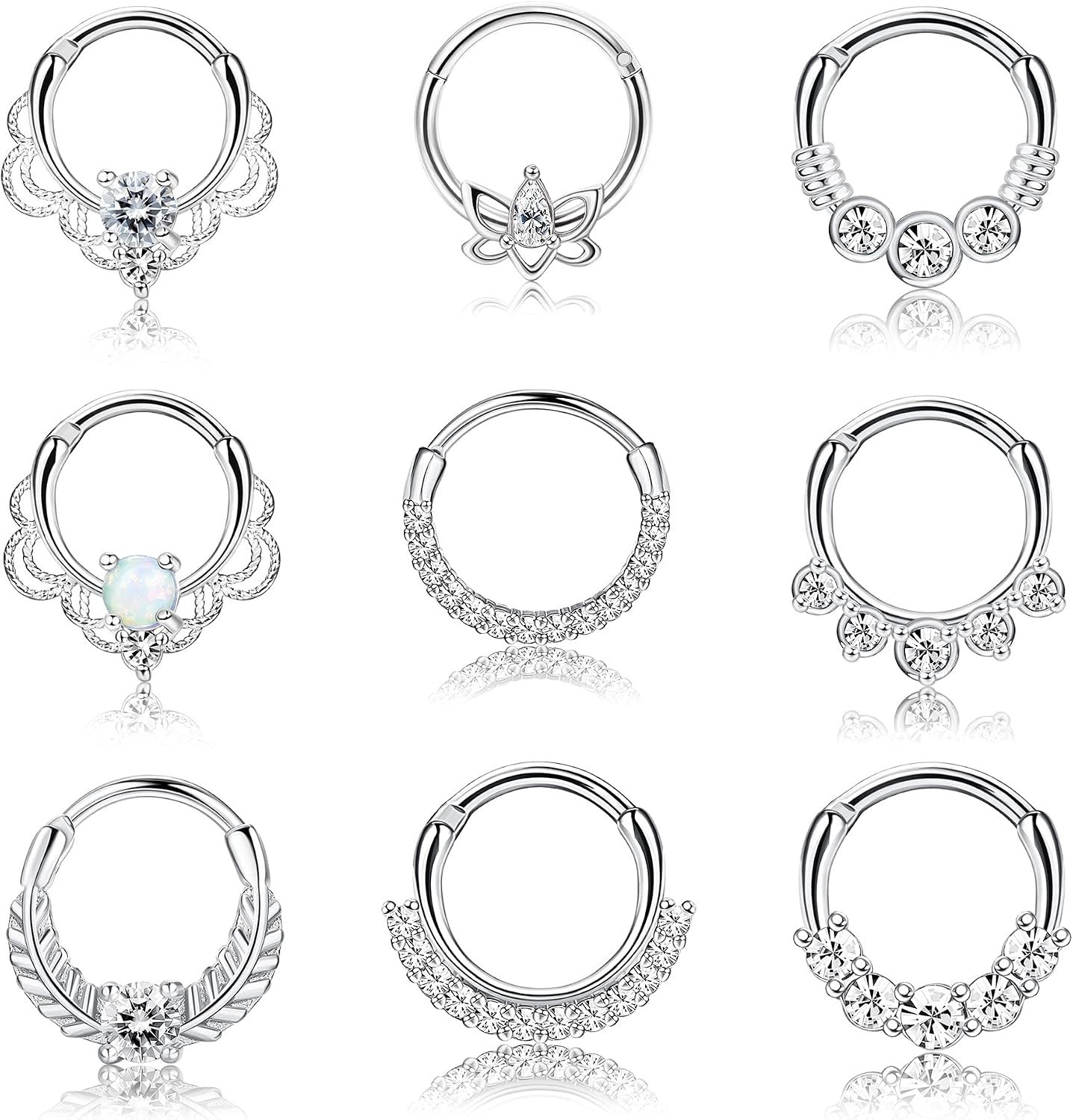 9PCS 16G Septum Rings Opal Daith Earrings Hoop Nose Rings 316L Stainless Stee…