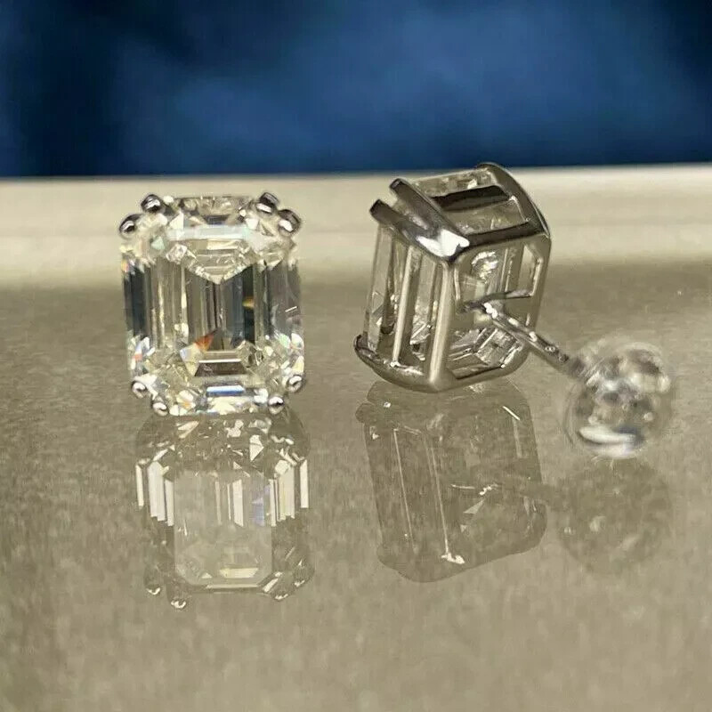 4Ct Asscher Cut Real Moissanite Solitaire Stud Earrings 14K White Gold Plated