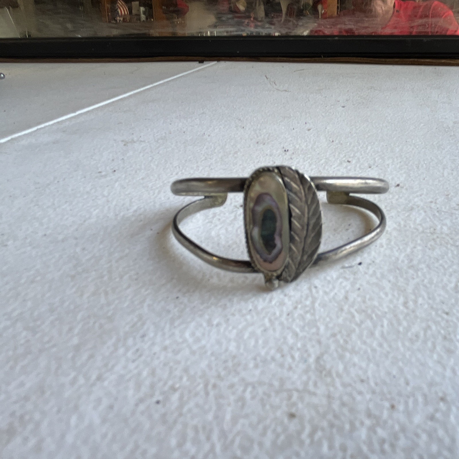 Silver Tone Adjustable Cuff Bracelet w/ Oval Inlay Centerpiece