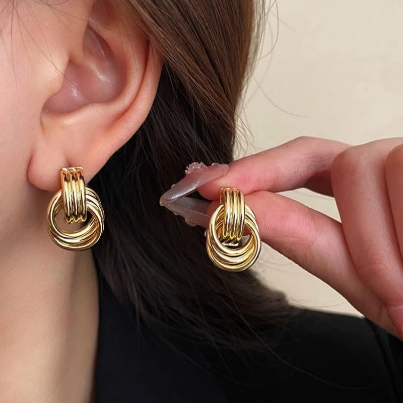 2 Pairs Gold Knot Earrings Chunky Statement Earrings Geometric Drop Dangle Earri