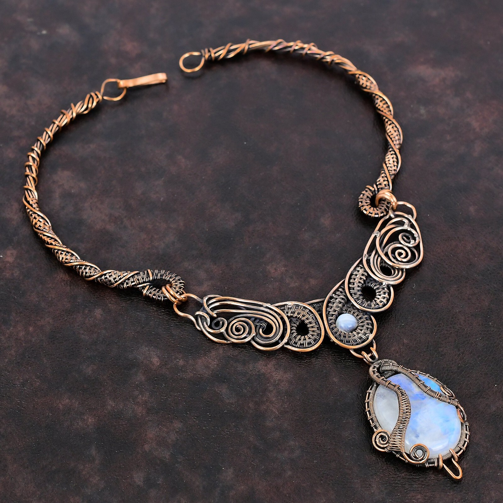 Rainbow Moonstone Jewelry Copper Love Gift Wire Wrapped Chain Necklace 18.0″