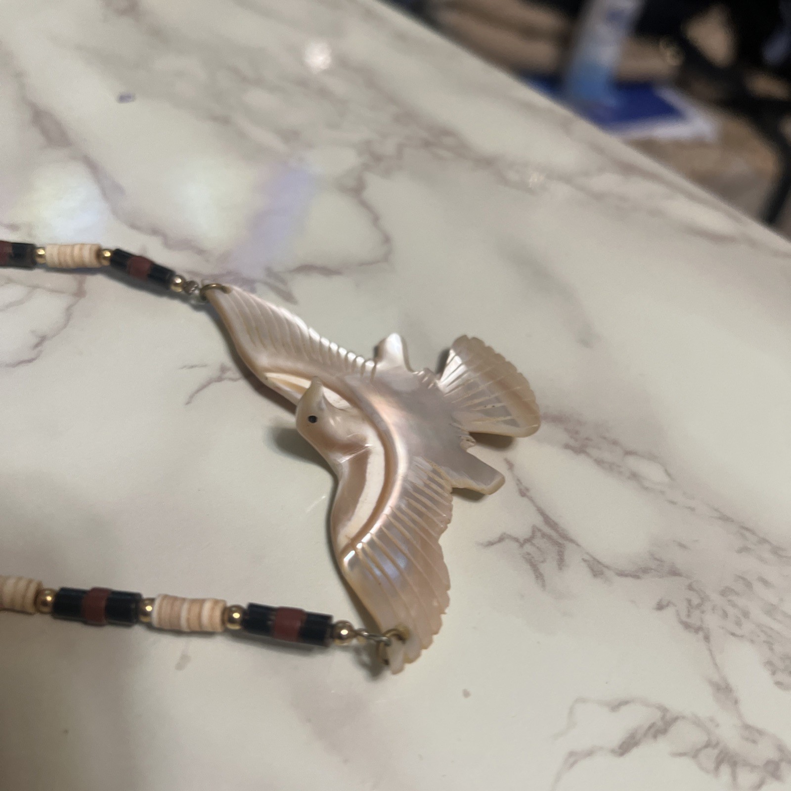 Vintage 16” Inches Native Mother of Pearl Eagle Bird Choker Heishi Necklace