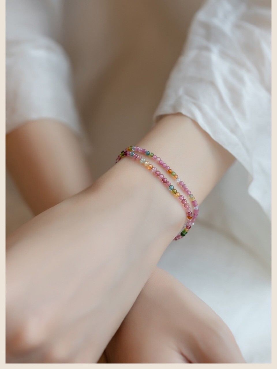 Rainbow Tourmaline 2mm Round Bead Healing Dainty Minimalist Stretch Bracelet